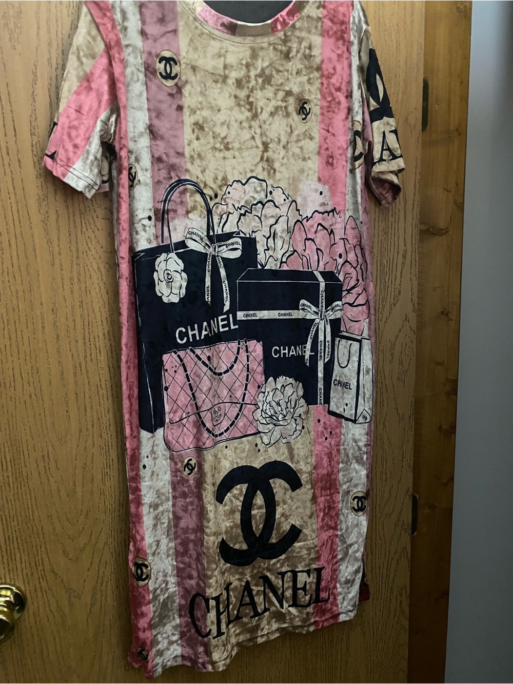Pink and Beige Velvet Logo & Tote Graphic Dress